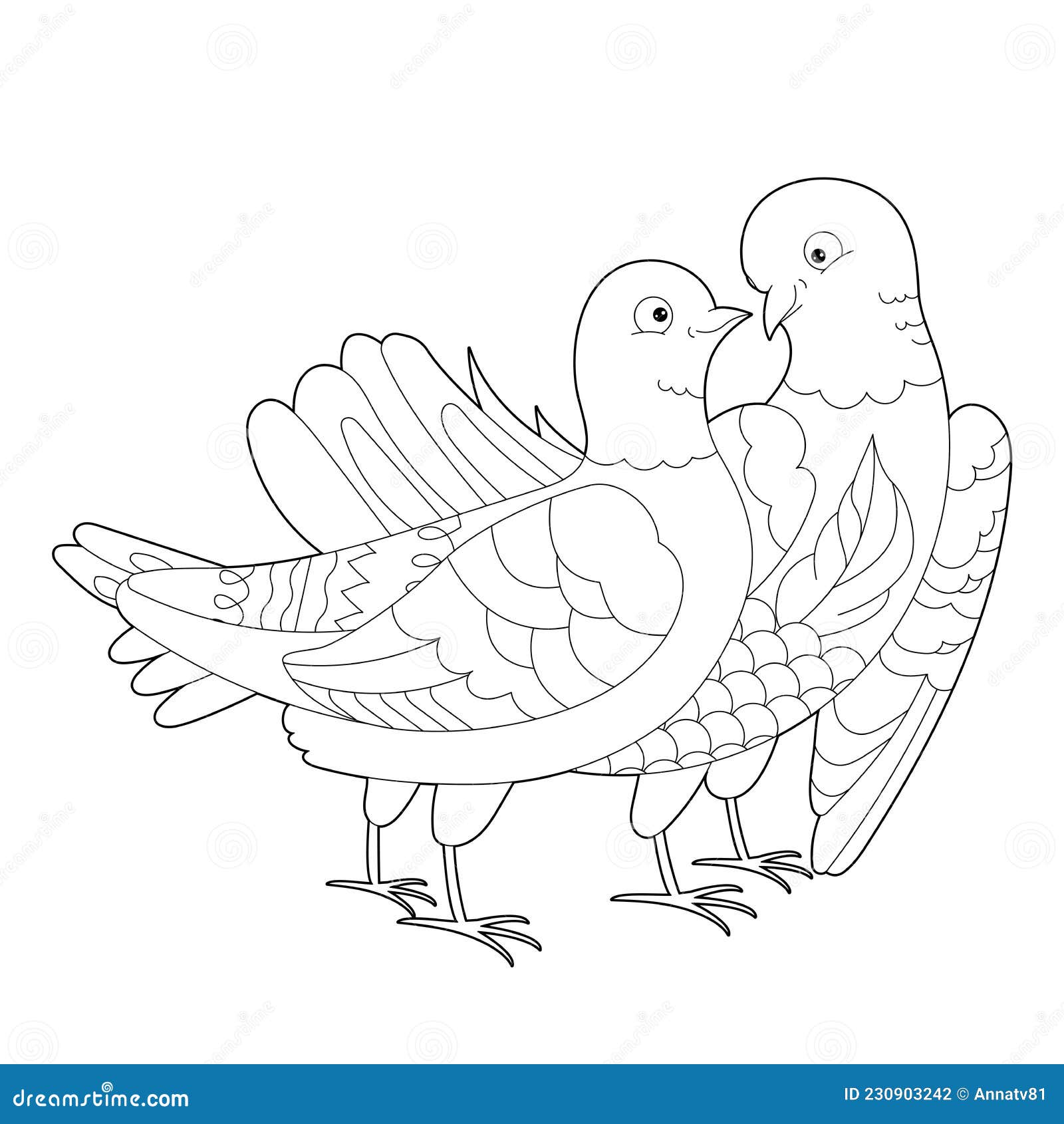 Two cute birds doodle style black and white background funny doves coloring book pages stock vector