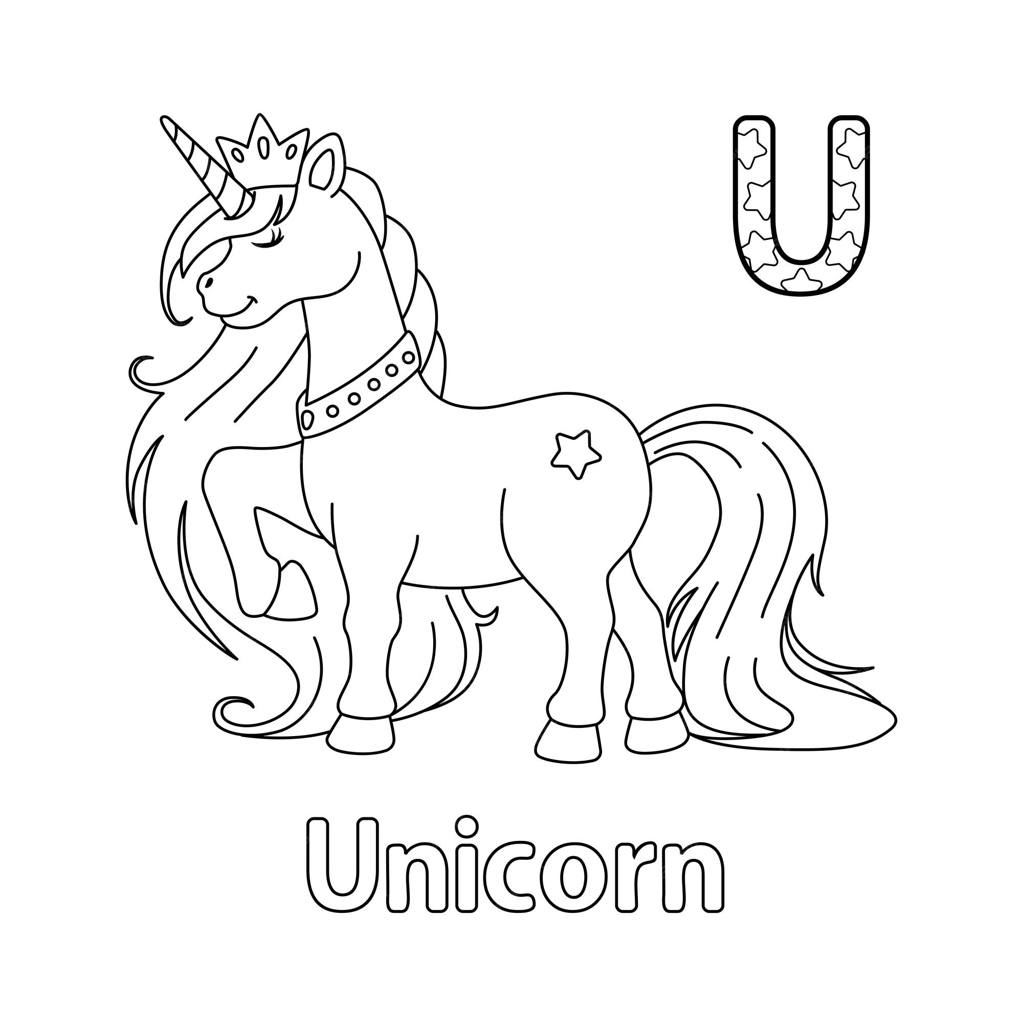 Premium vector unicorn princess alphabet abc coloring page u