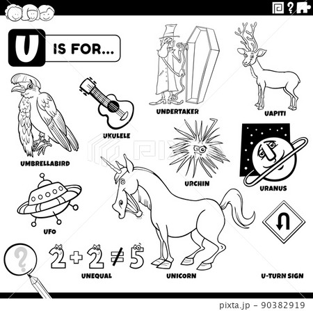 Letter u words educational set coloring book page