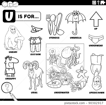 Letter u words educational set coloring book page