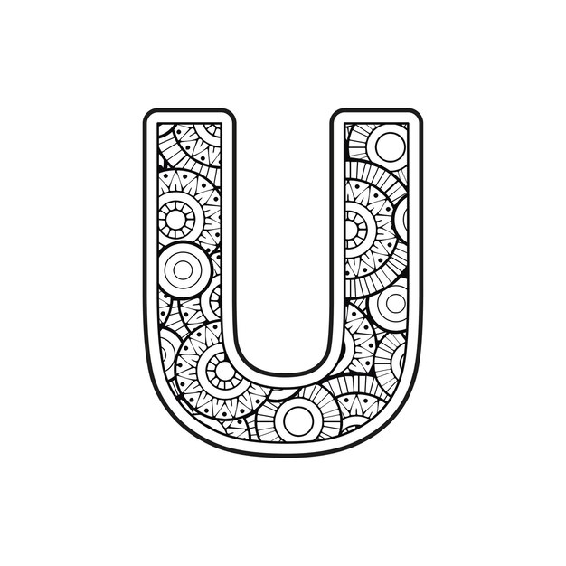 Premium vector vector coloring page for adults contour black and white capital english letter u on a mandala background