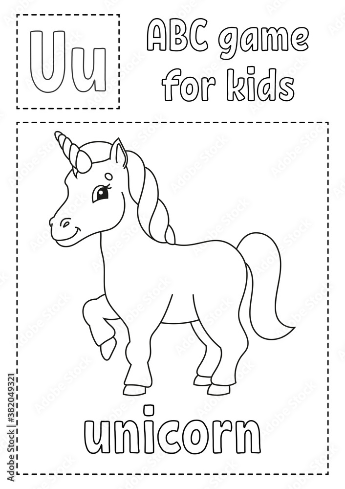 Letter u is for unicorn abc game for kids alphabet coloring page cartoon character word and letter vector illustration vector