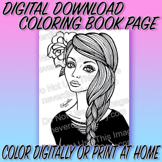 Digital download print your own coloring book outline page pretty tattooed pin up girl