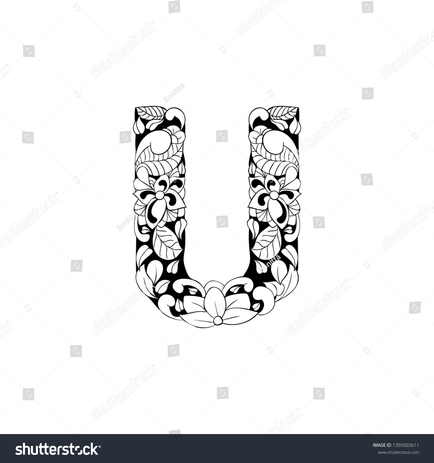 Floral letter u outline illustration alphabet stock vector royalty free