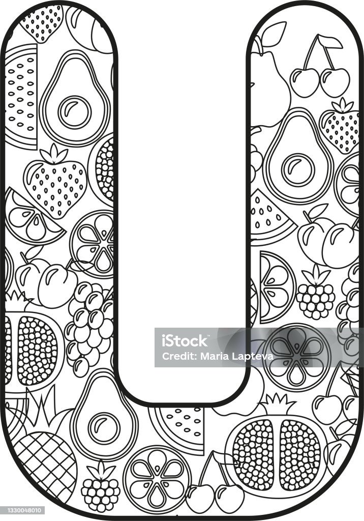 Hand drawing geometric ornamented alphabet simple black outline abc illustrations for coloring pages wallpapers prints cards posters fruits vegetables with letters on white isolated background stock illustration