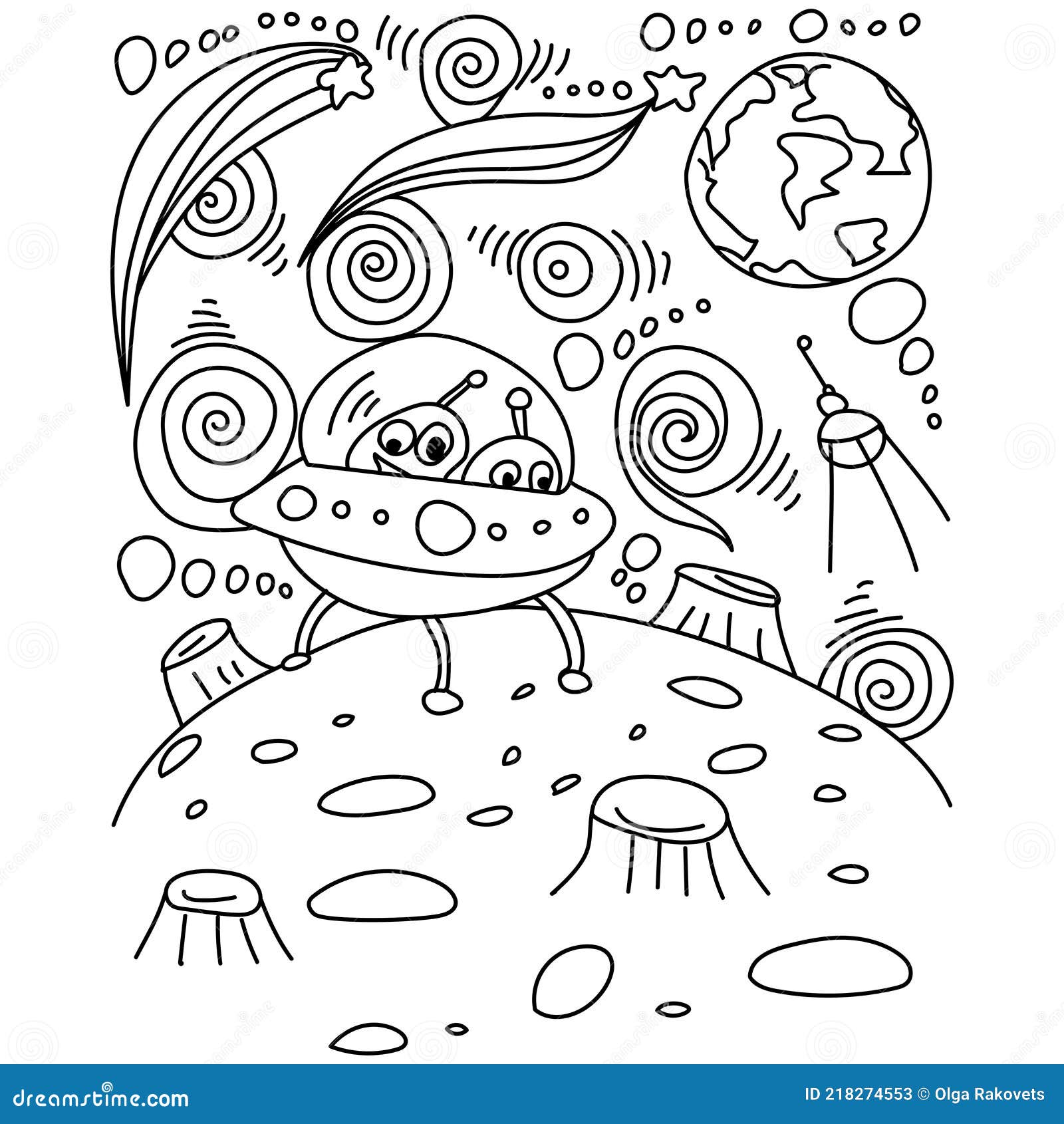 Ufo coloring page with spaceship asteroid and open space fantasy outline illustration with aliens stock vector