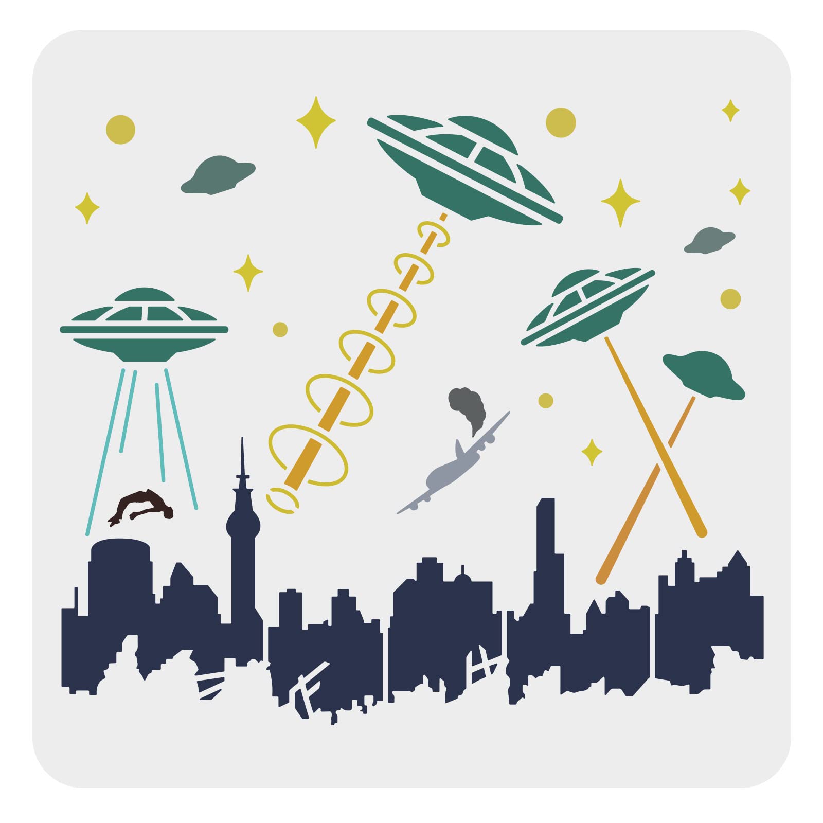 Fingerinspire ufo attack on city stencil xinch alien template stencils ufo spaceship humans city buildings pattern pet reusable large stencils for painting on wood floor wall fabric tools home