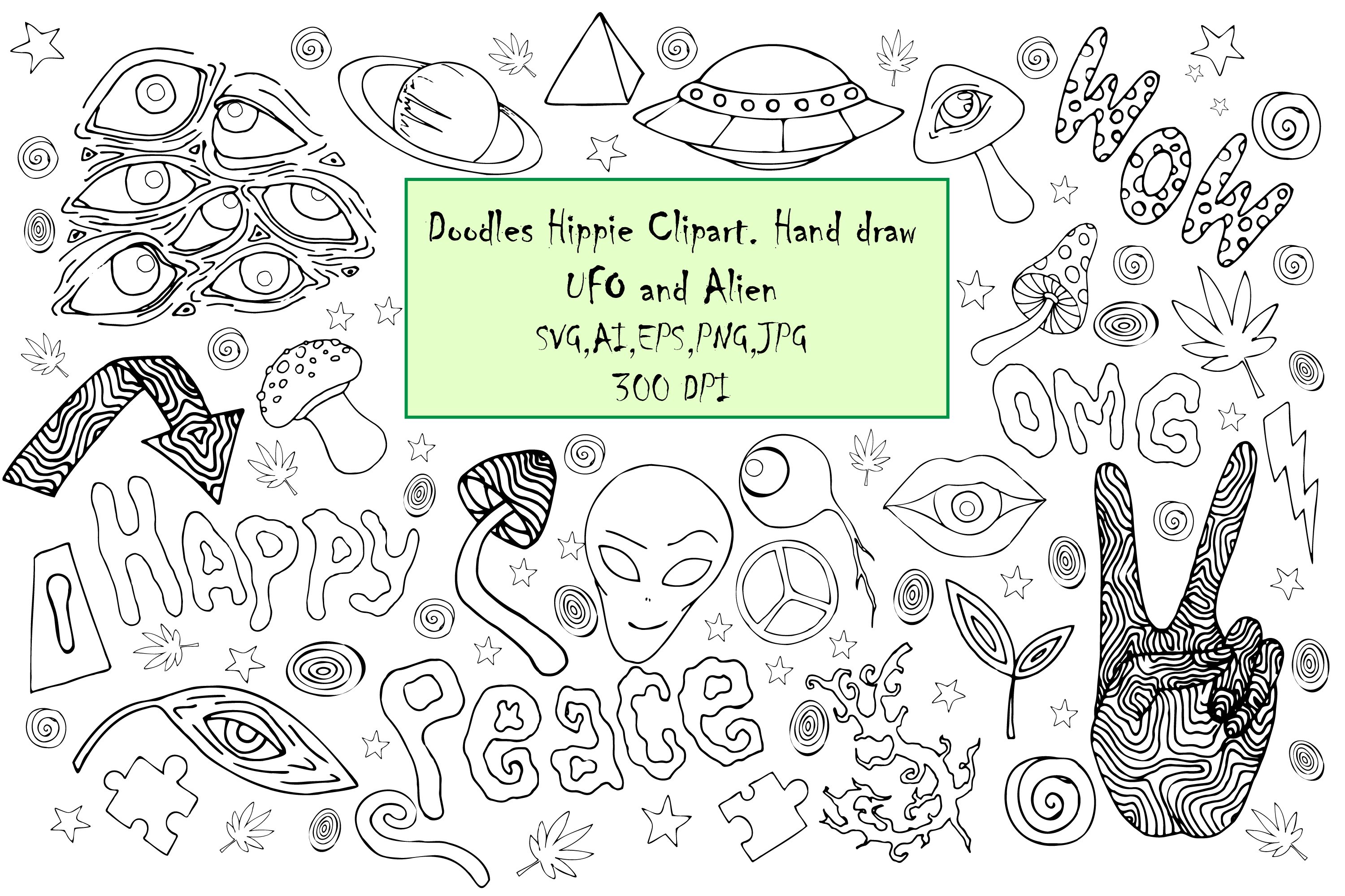 Doodles hippie cliparthand daraw ufo and alienabstract svg