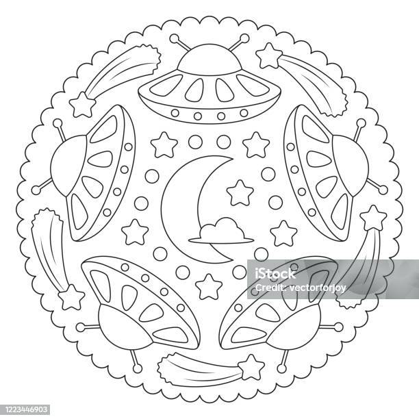 Coloring page mandala with ufo half moon et stars vector illustration stock illustration