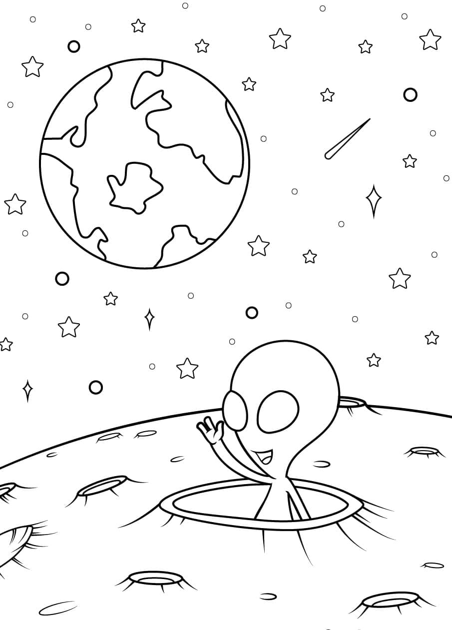 Alien and earth coloring page