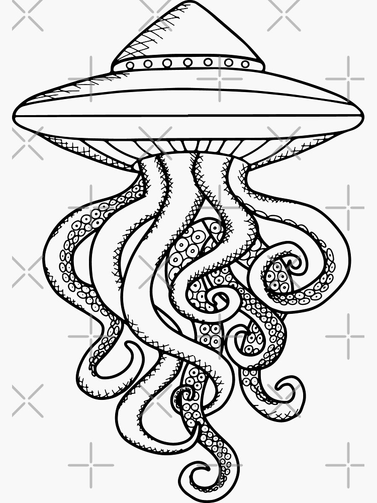 Ufo ocotopus alien hybrid line drawing scifi conspiracy theory sticker for sale by ciara shortall