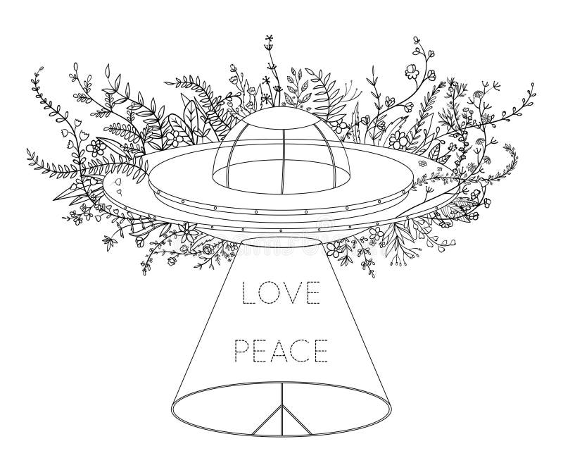 Ufo spaceship unidentified flying object with light beam flowers and hippie peace symbol peace love sign stock vector