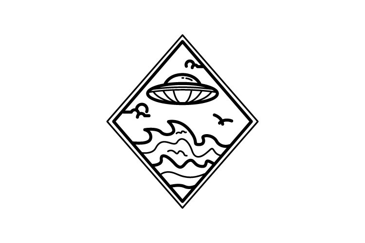 Sea waves and ufo monoline line art style design