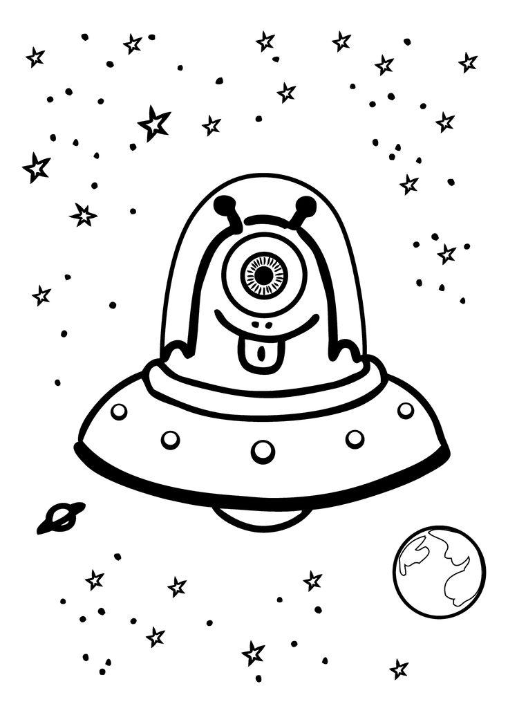 Funny alien in ufo â coloring page for kids website full of alienspace clipart space coloring pages coloring pages for kids detailed coloring pages