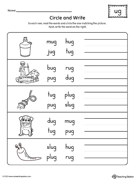 Ug word family match word to picture worksheet