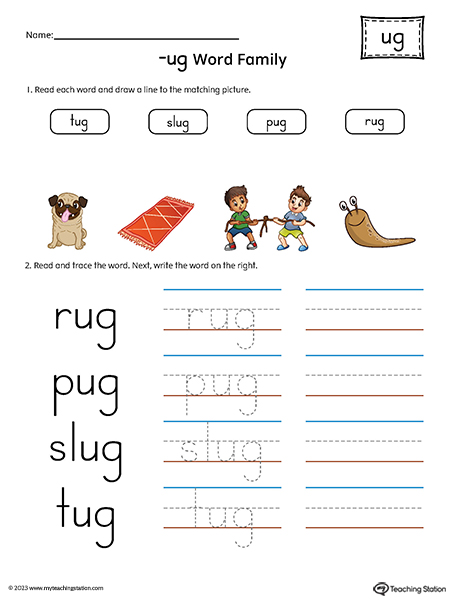 Ug word family match picture to words printable pdf