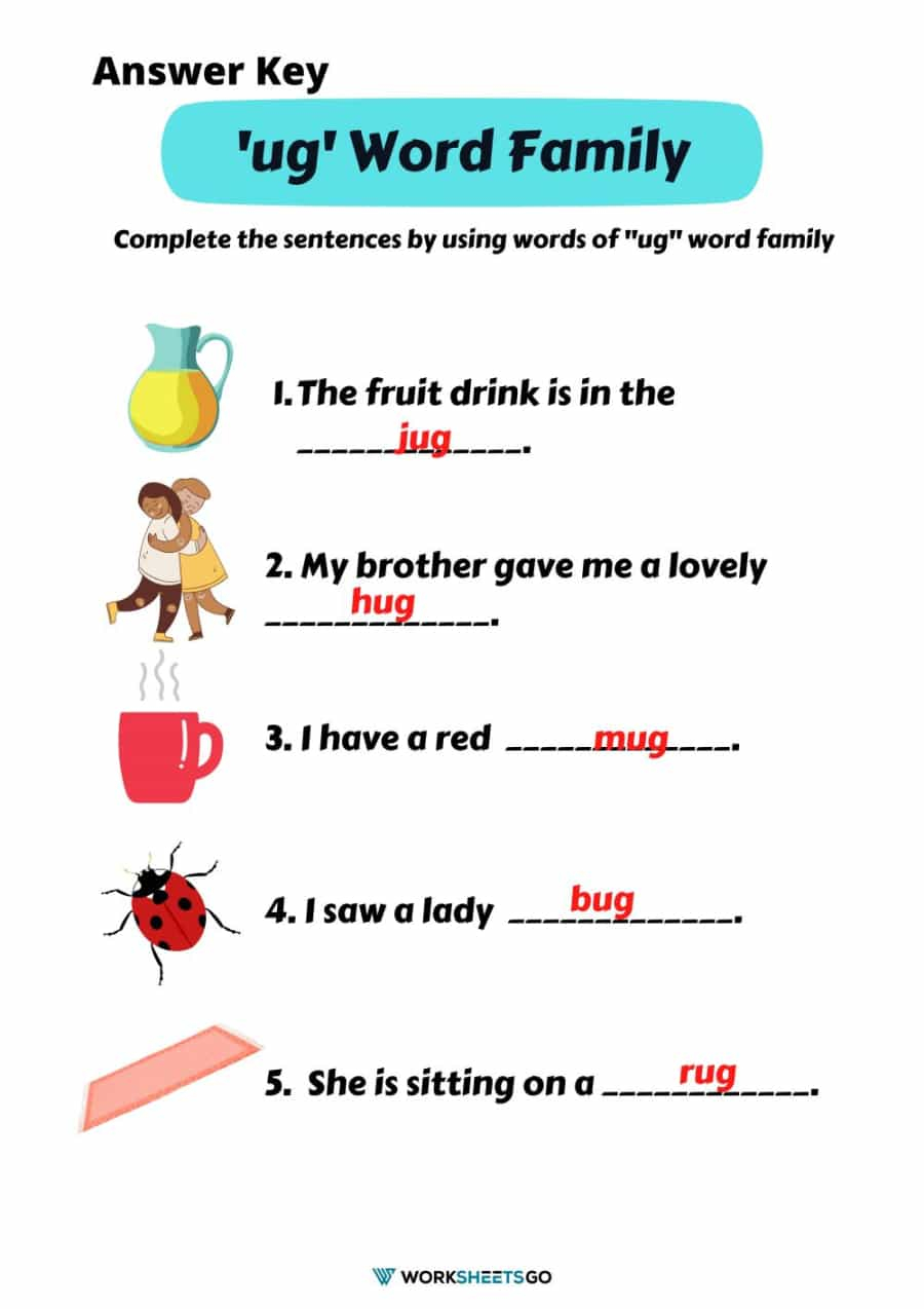 Ug word family worksheets