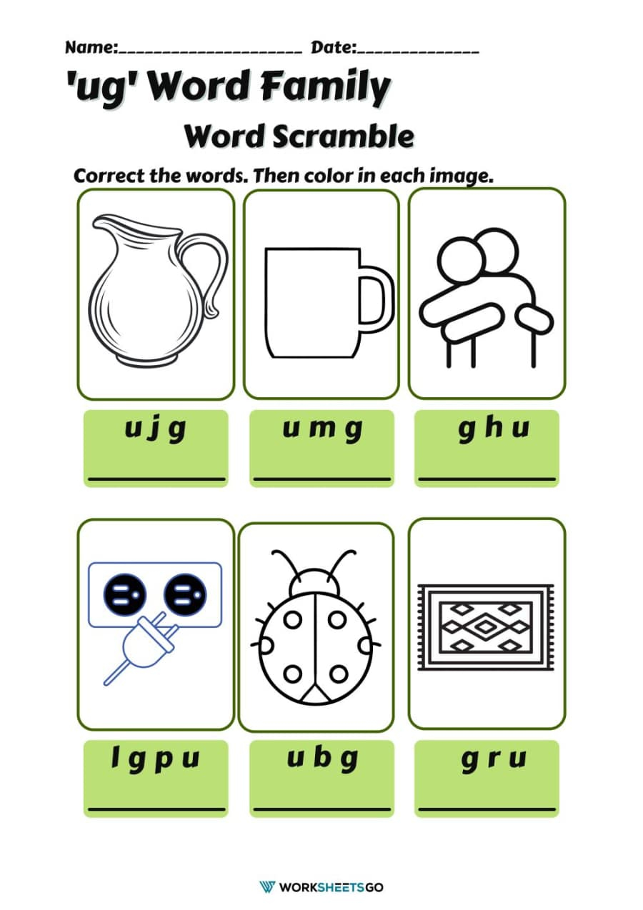 Ug word family worksheets