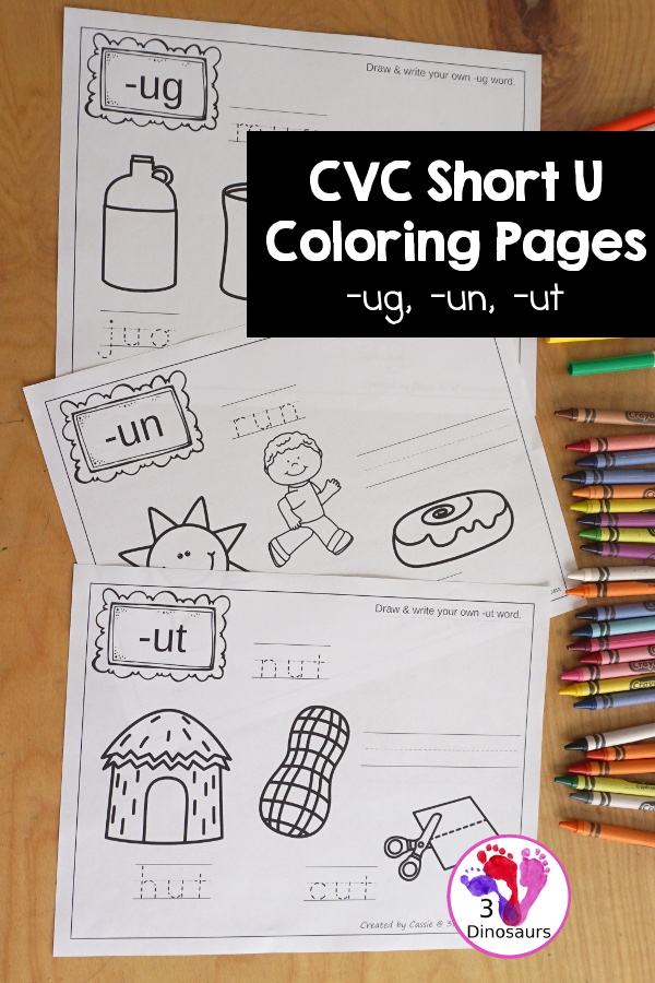 Free cvc word family coloring pages short u vowel dinosaurs