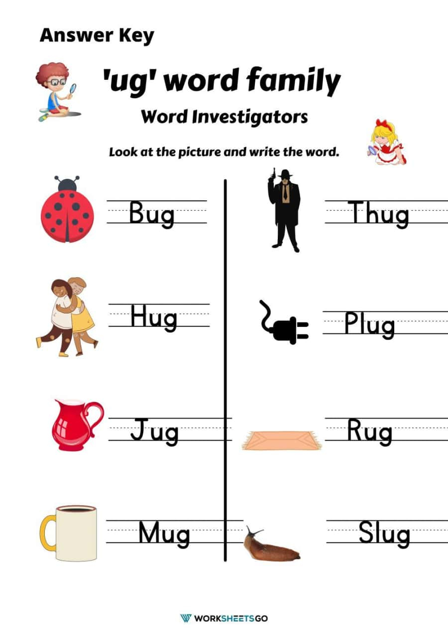 Ug word family worksheets