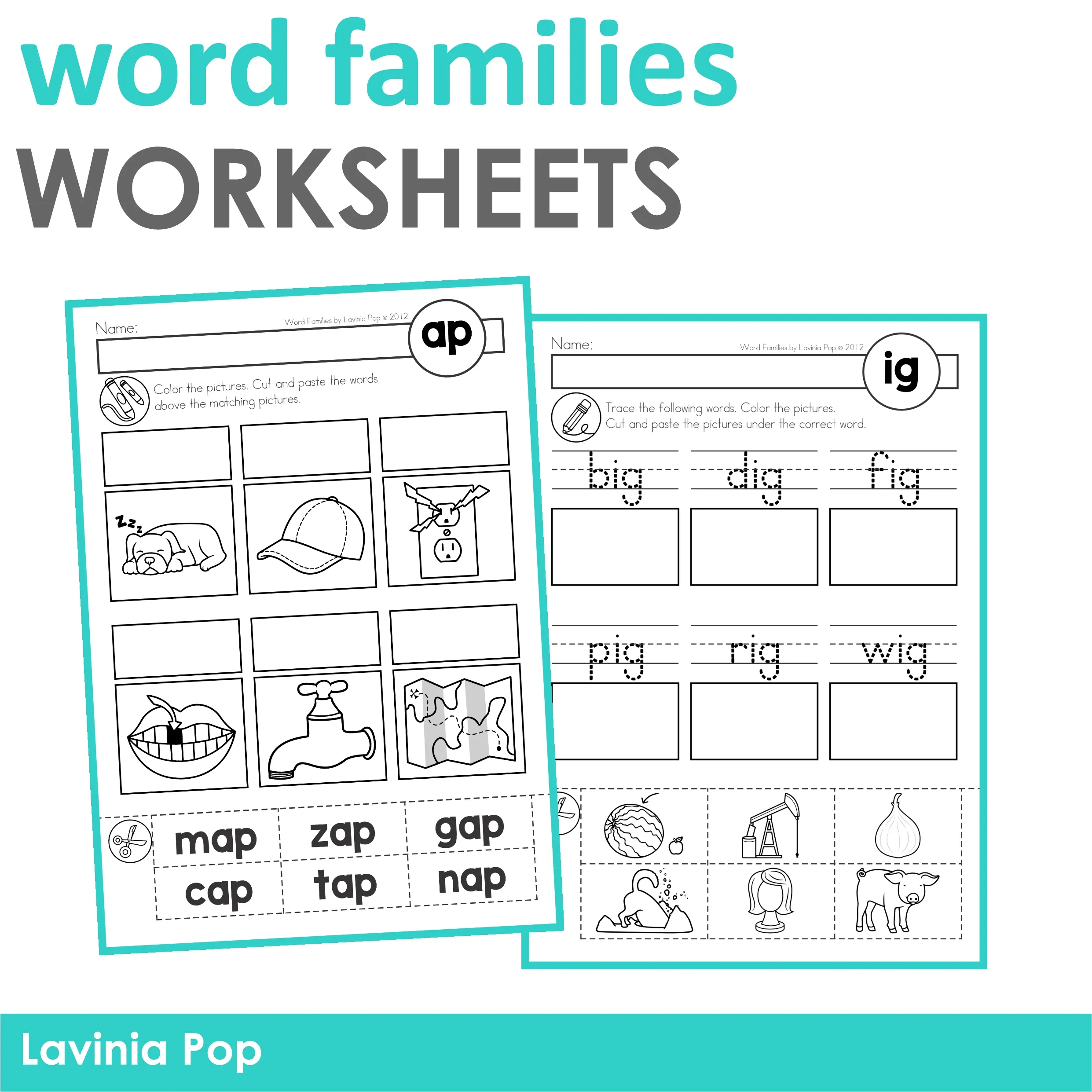 Cvc word families word work no prep cut paste worksheets