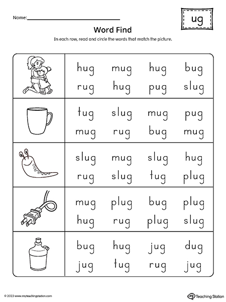 Ug word family word find worksheet