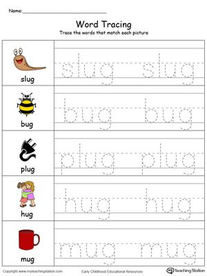 Free word tracing ug words in color word family worksheets word families printables word families