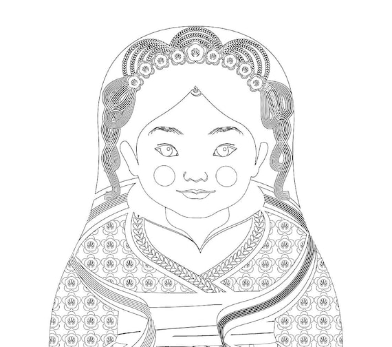 Chinese hanfu coloring sheet printable file traditional folk dress matryoshka doll