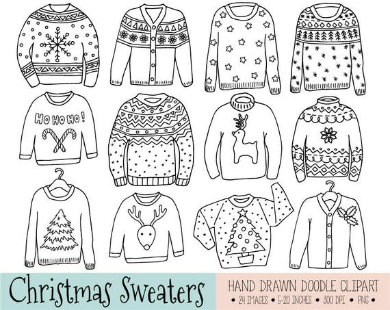 Ugly christmas sweater clipart hand drawn tacky christmas jumper reindeer snowflake star doodle clip art winter clothing coloring book