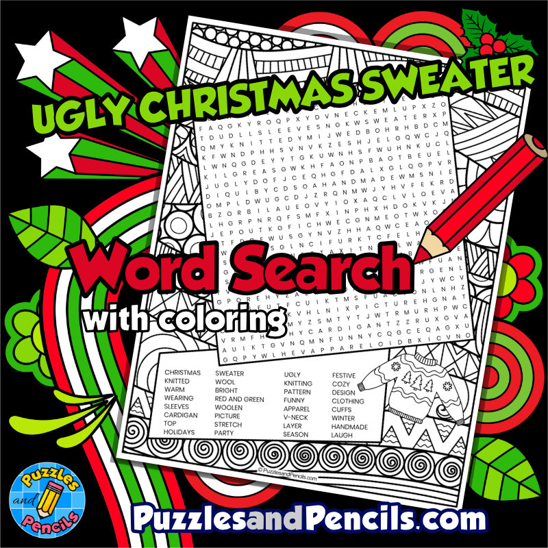Ugly christmas sweater word search puzzle activity page with coloring christmas wordsearch made by teachers