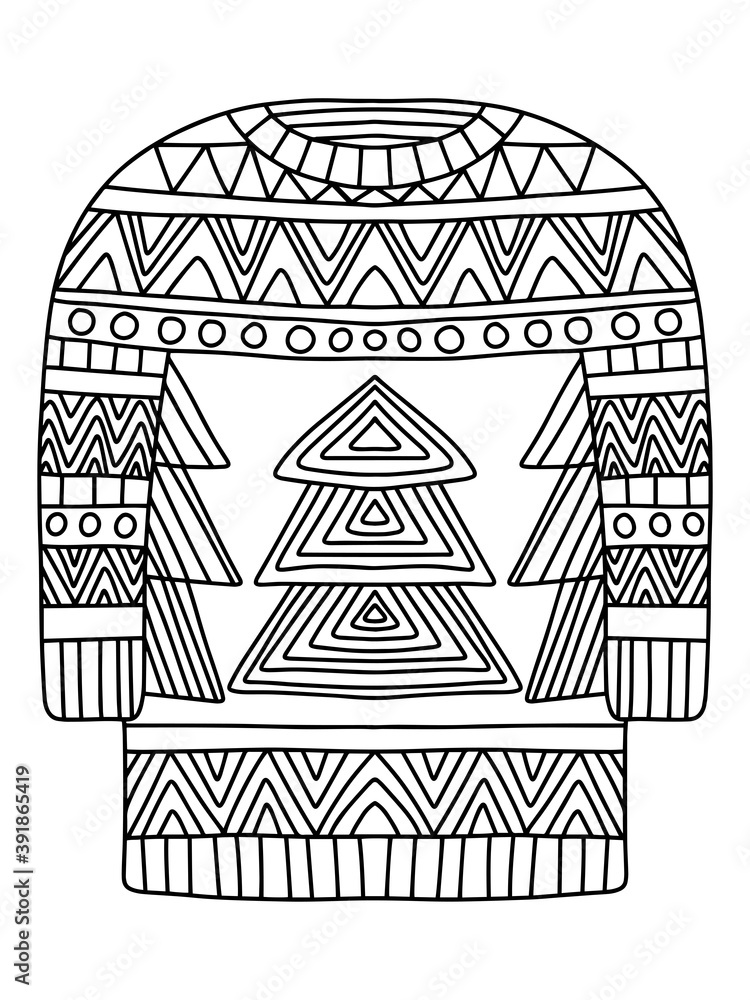 Vektorovã grafika âugly christmas sweater coloring page vector illustration detailed ornamental symmertical sweater with circles fir trees and stripes funny decorative knitted jumber for printing and coloringâ ze sluåby