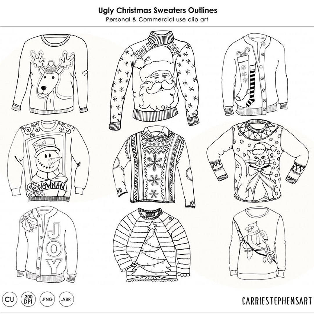 Ugly sweater clip art png line art doodles christmas coloring black and white graphic images for party invitations