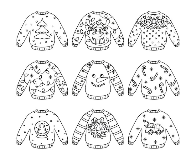 Premium vector ugly christmas sweater funny christmas clothes set coloring page vector