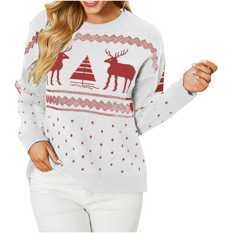 Ugly christmas sweaters for women womens knit sweater xmas cute reindeer snowflake pattern long sleeve crewneck red solid color lightweight casual loose christmas gifts for women saving clearance
