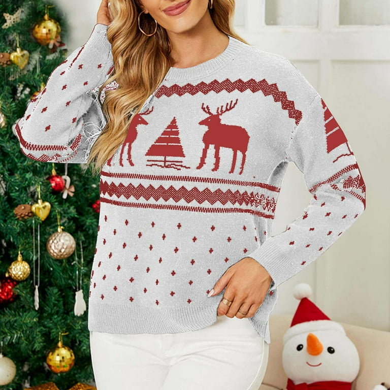 Ugly christmas sweaters for women womens knit sweater xmas cute reindeer snowflake pattern long sleeve crewneck red solid color lightweight casual loose christmas gifts for women saving clearance