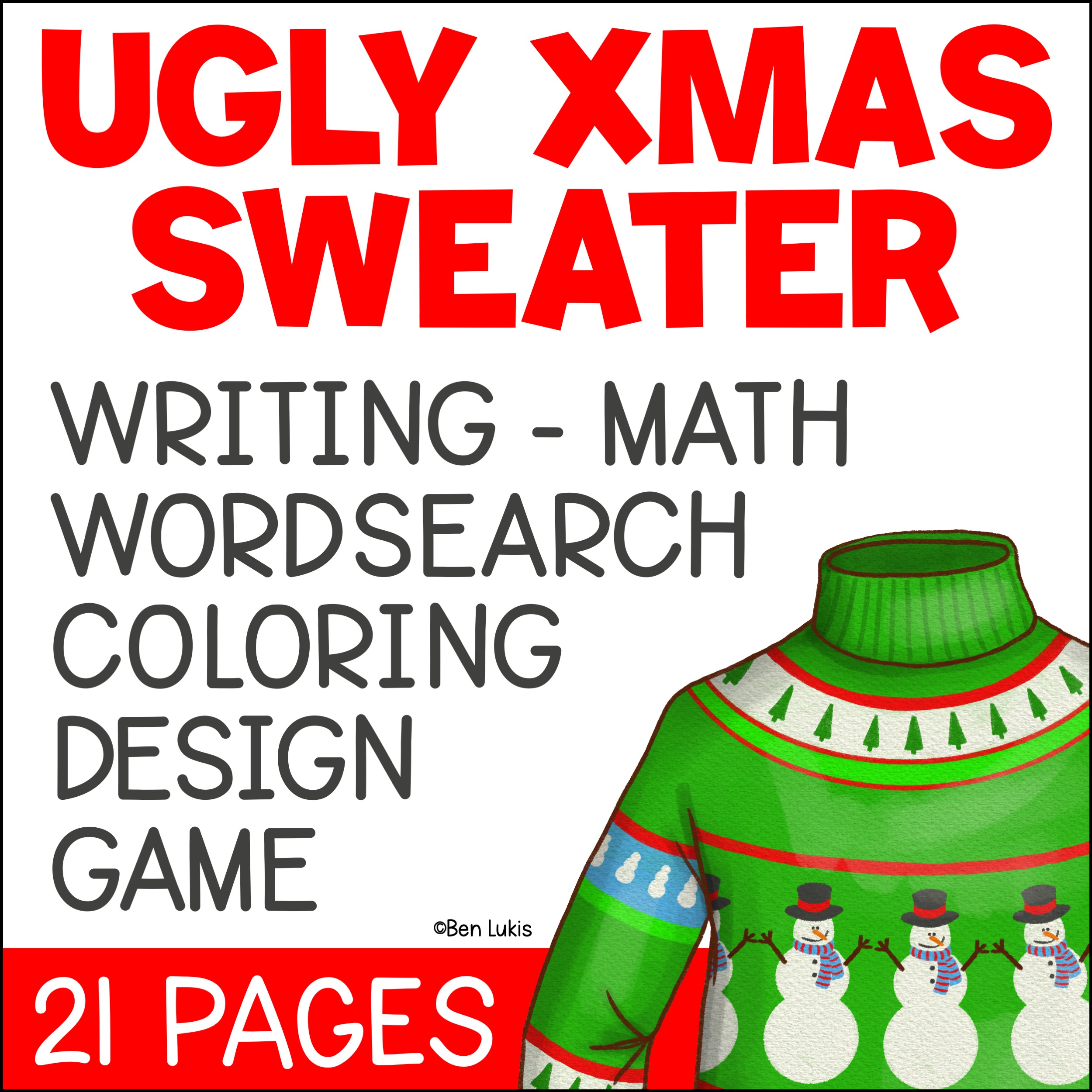 Ugly christmas sweater design writing maths word search colouring activities