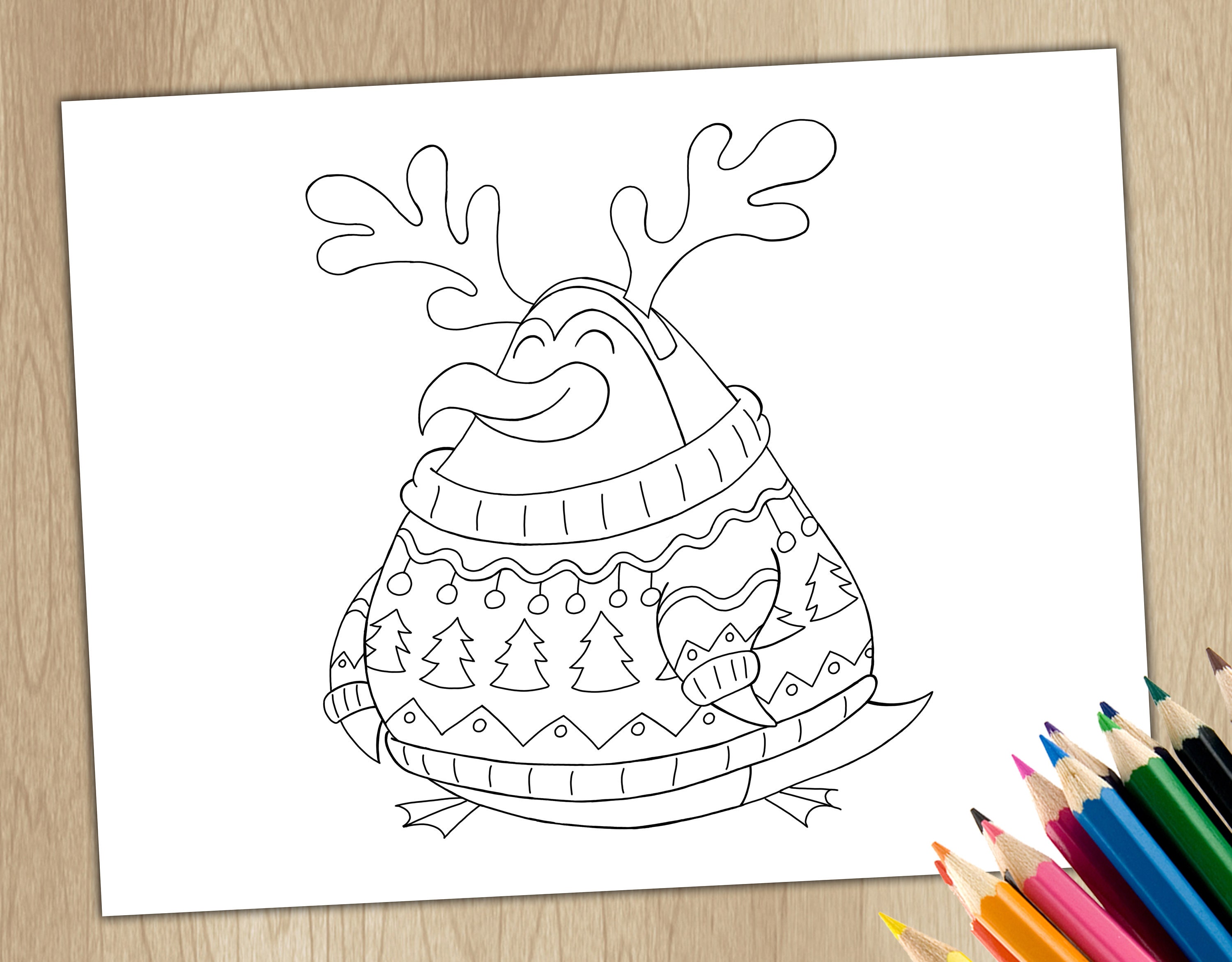 Christmas penguin ugly sweater printable coloring page instant download