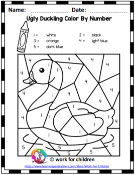 The ugly duckling color by number worksheets by work for children