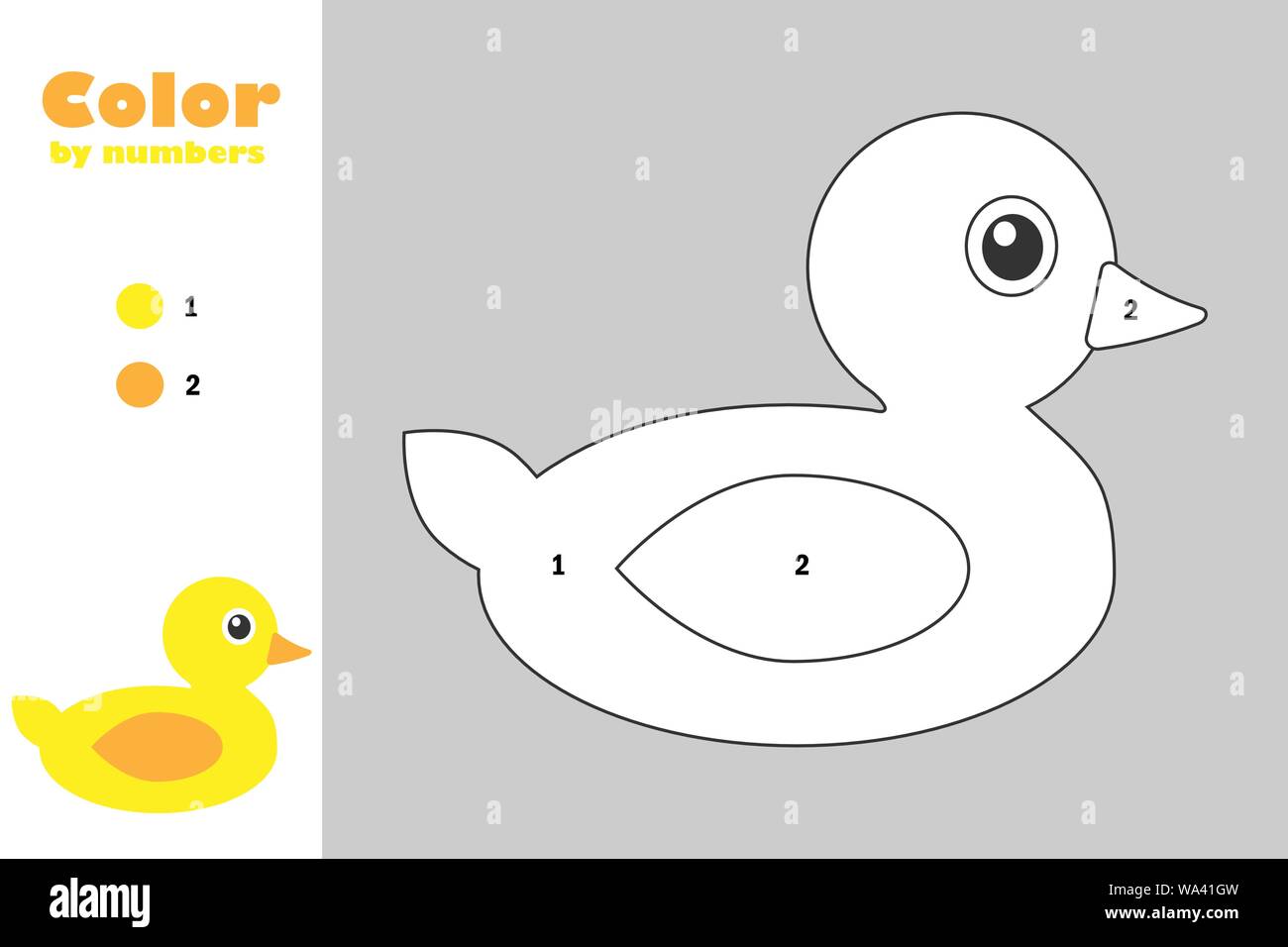 Duck in cartoon style color by number education paper game for the development of children coloring page kids preschool activity printable stock vector image art