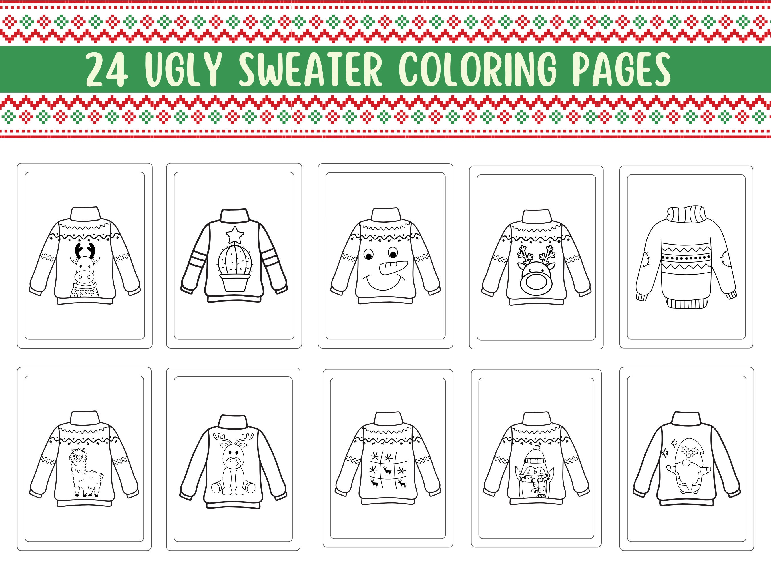 Ugly sweater christmas colouring sheets cute coloring pages for girls boys and adults printable color pages instant download download now