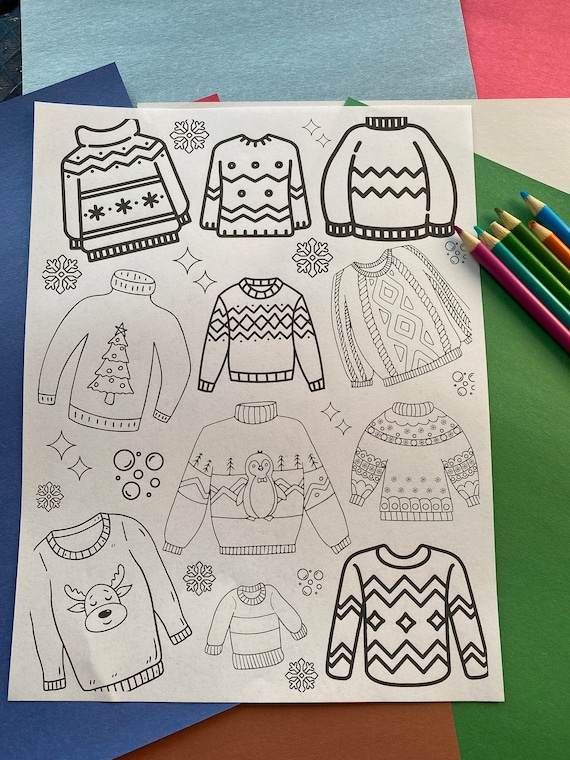 Ugly christmas sweater fun coloring page for kids and adults digital download