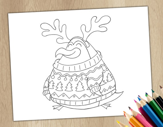 Christmas penguin ugly sweater printable coloring page instant download download now