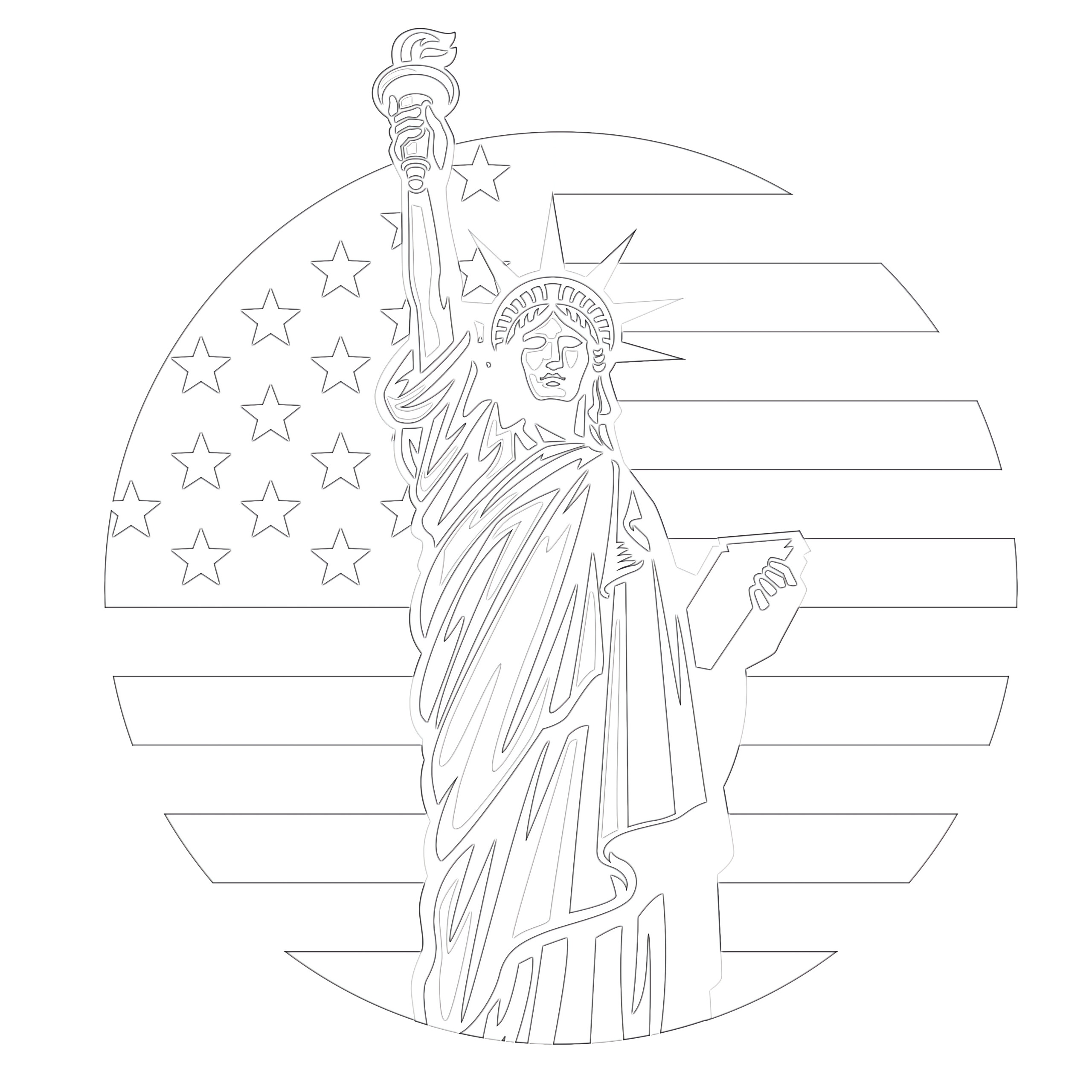 Liberty statue with united states flag coloring page