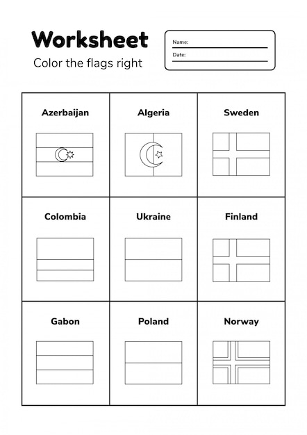 Premium vector worksheet on geography for preschool and school kids color the flags right coloring page