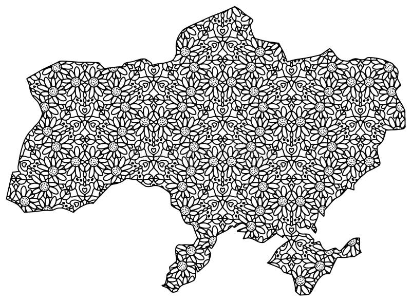 Ukraine map pattern coloring page for adults with sunflowers peace signs and love stock vector