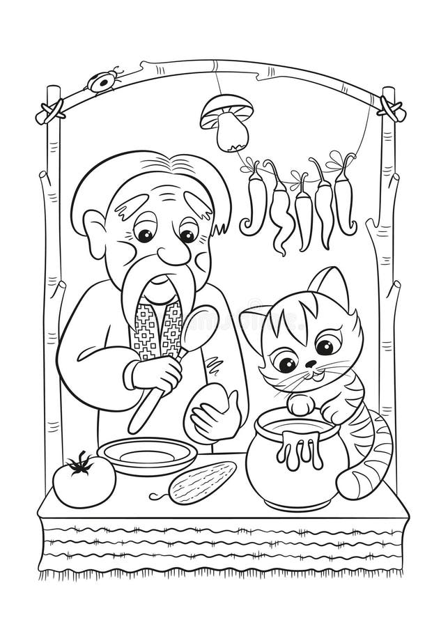 Grandpa coloring page village outline ukrainian fairy tale about the golden egg stock vector