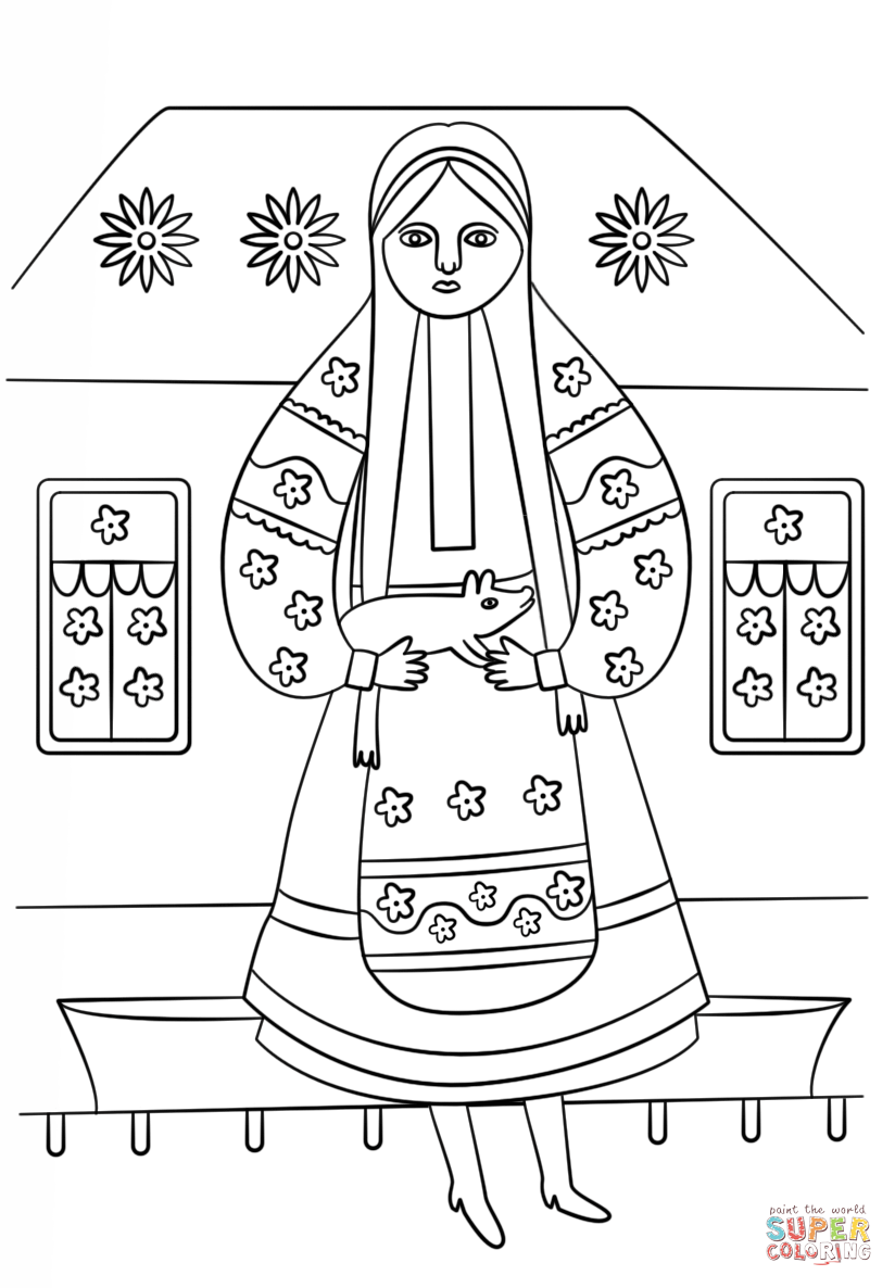 Ukrainian woman from maria prymachenko painting coloring page free printable coloring pages