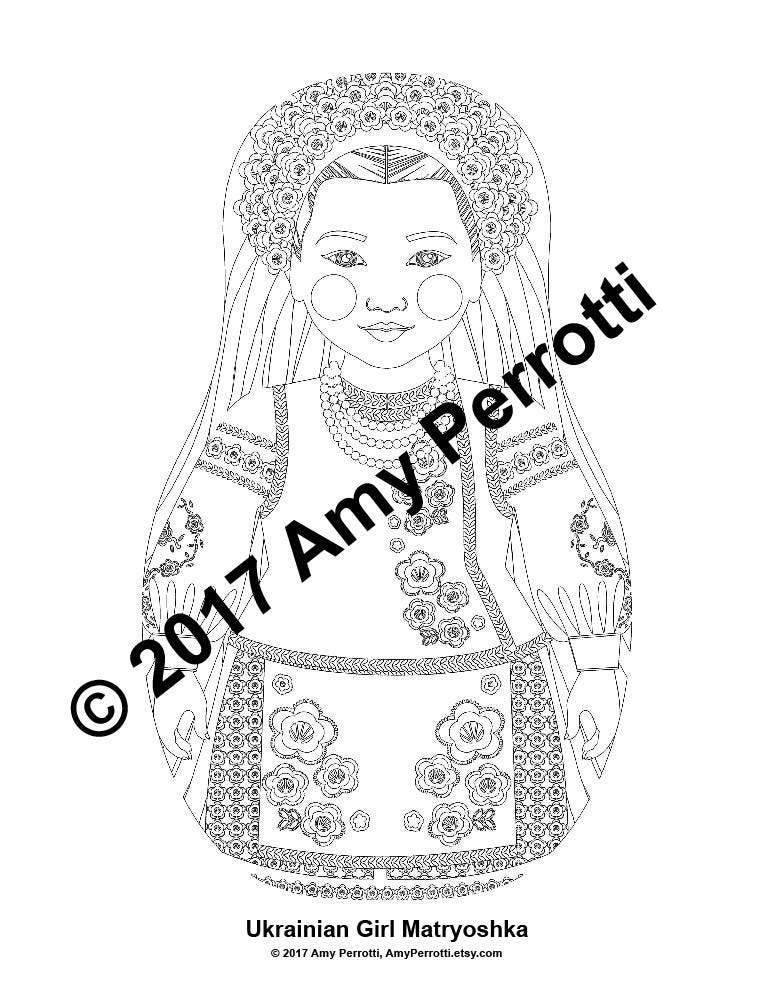 Ukrainian coloring sheet printable file traditional folk dress matryoshka doll