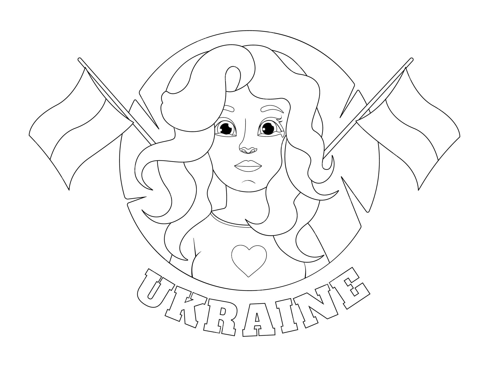 Premium vector coloring page crying girl with ukrainian flags and the inscription ukraine