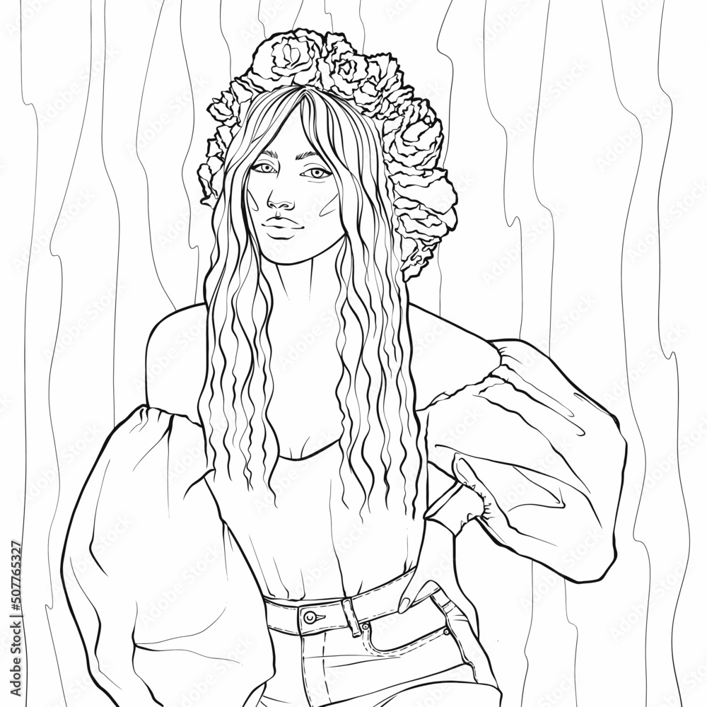 Beautiful ukrainian girl line art for adult coloring coloring page vector